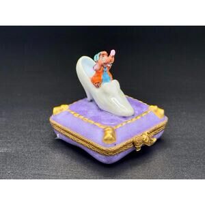 💜Ultra Rare Disney Cinderella Gus Glass Slipper Peint Main Limoges Trinket Box